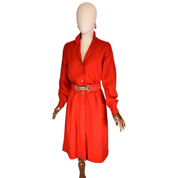 VINTAGE red wool shirt dress, long sleeves classic 1980s dress, classic retro style with timeless appeal.