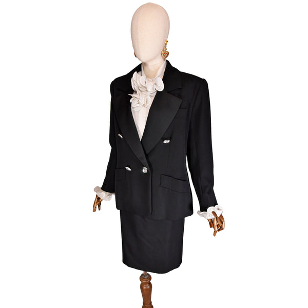 YVES SAINT LAURENT suit, 90s black wool skirt suit with rhinestone buttons, elegant Ysl jacket and skirt set.