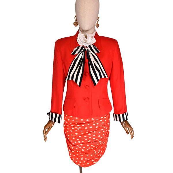 MOSCHINO jacket, vintage from 90s, Moschino Cheap and Chic jacket, solid red color with black and white bow on collar.