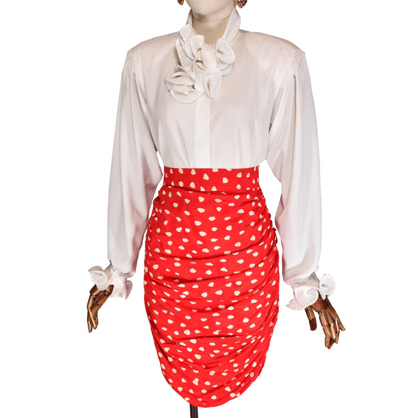 UNGARO red skirt, 90s vintage viscose skirt with white polka dots, figure-flattering draped design skirt, Emanuel Ungaro pencil skirt