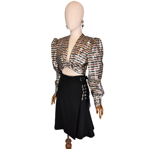 ANTONIO BERARDI black wool skirt, 90s punk-rock style with silver buckles and wrap design.