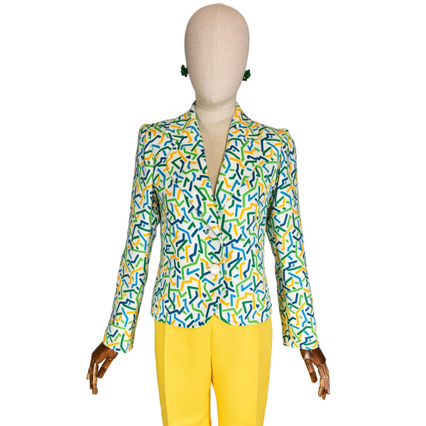 SAINT LAURENT Rive Gauche 1983 blazer, vintage YSL cotton jacket with vibrant geometric print, Yves Saint Laurent collector jacket.