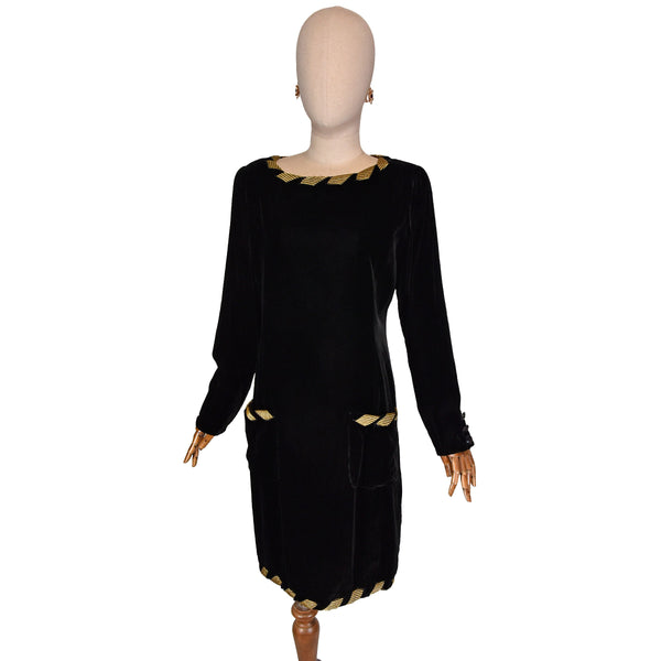 VALENTINO velvet dress, black with gold details evening dress, vintage 1990s luxury dress.