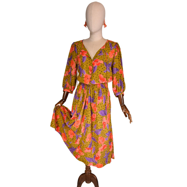 JEAN LOUIS SCHERRER silk dress, 1980s floral and polka dot print dress, ochre day dress with neck tie.