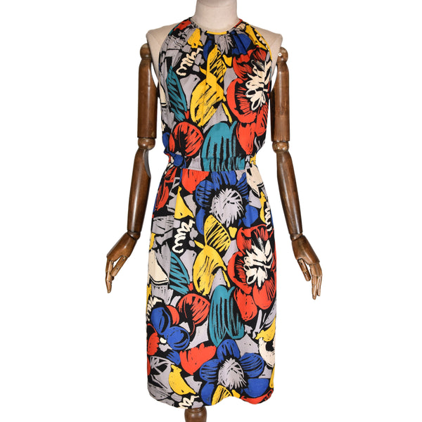 EMANUEL UNGARO cotton dress, 80s floral print dress in vibrant colors, vintage sleeveless elegant dress