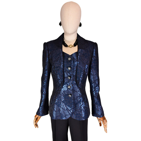 VINTAGE FRED LANSAC 1990s Jacket, brocade metallic blue designer elegant jacket, size M.