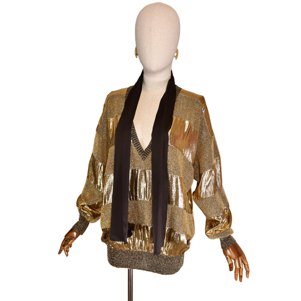 GIANFRANCO FERRE gold lamé sweater, oversized 90s knit pullover with integrated satin scarf, v-neck design pull.