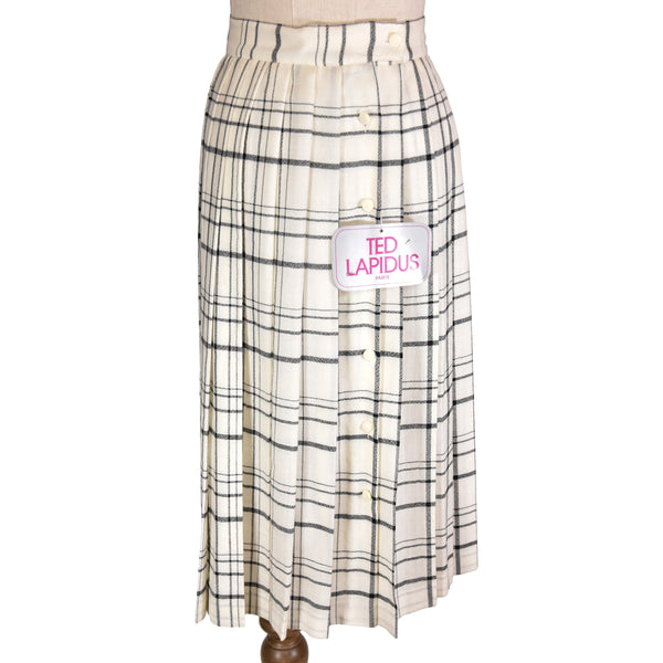 TED LAPIDUS vintage skirt, 80s pleated kilt, white & gray plaid skirt, vintage wool skirt, retro plaid skirt.