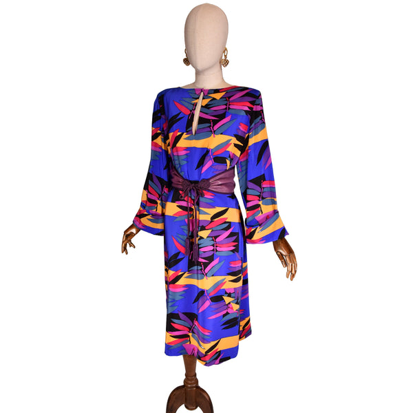 JEAN LOUIS SCHERRER silk dress, 80s tunic style with multicolor print and wide sleeves. Scherrer vintage relaxed fit dress.