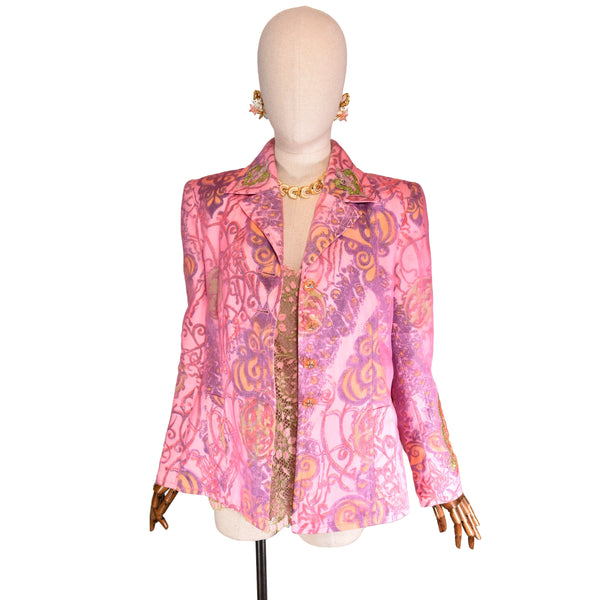 CHRISTIAN LACROIX blazer, 90s vintage silk organza embroidered jacket, pink and purple vintage luxury jacket, 1990s high fashion blazer.