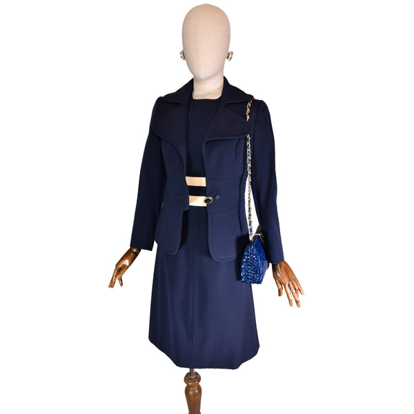 VINTAGE MOD wool set, 1960s navy dress and jacket, vintage sleeveless dress with match jacket, retro chic suit, navy wool mod ensemble.