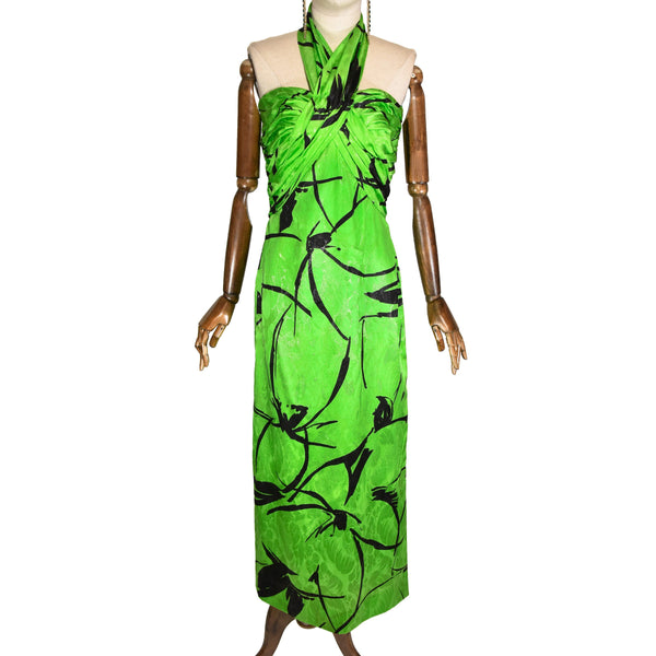 JEAN LOUIS SCHERRER silk dress, 1980s fluorescent green with black floral, halter neck party dress, vintage evening dress.