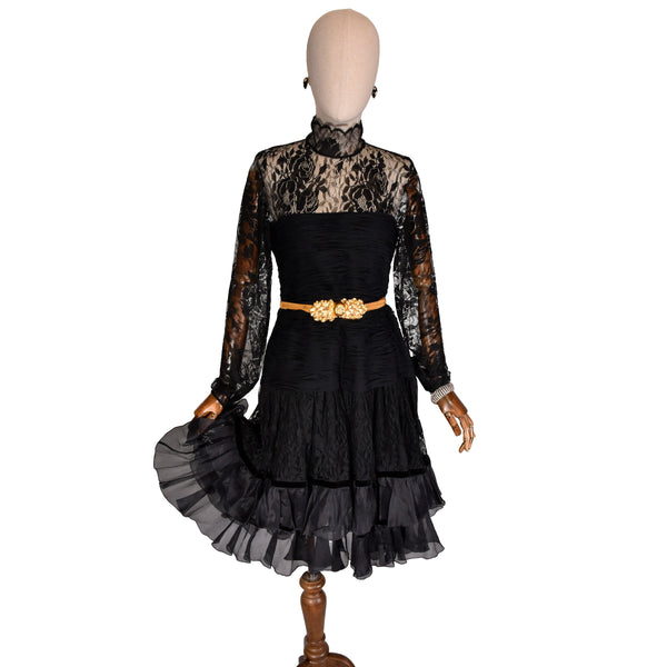 VALENTINO midi dress, 1980s black lace and silk chiffon evening dress, elegant party gown with organza ruffles.