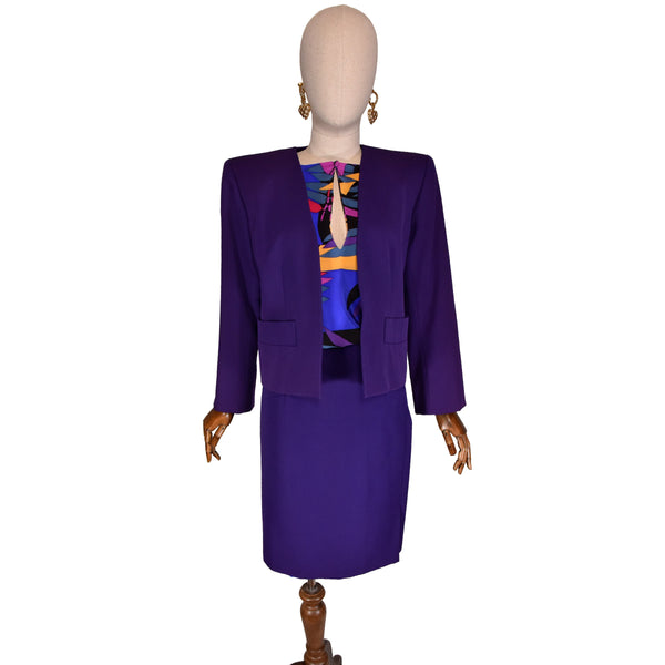 YVES SAINT LAURENT suit, 1990s purple wool, chic jacket and skirt set, elegant tailored design