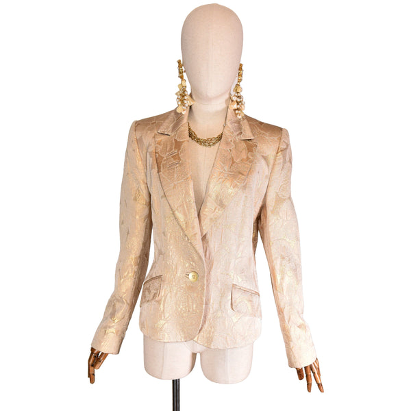 FRED LANSAC vintage blazer, 1990s brocade golden lurex jacket, luxury lurex thread jacket.