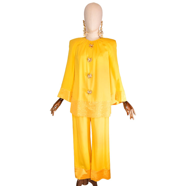 NINA RICCI haute couture set, vintage 70 tunic blouse with wide-leg pants, couture Nina Ricci two-piece yellow suit.