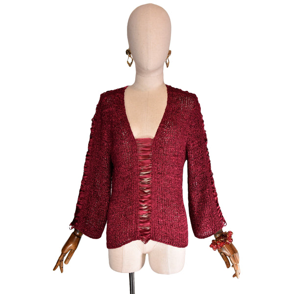 SALVATORE FERRAGAMO sweater, maroon silk ribbon weave top, vintage 90s luxury Italian knit pullover, 1990s luxury top.