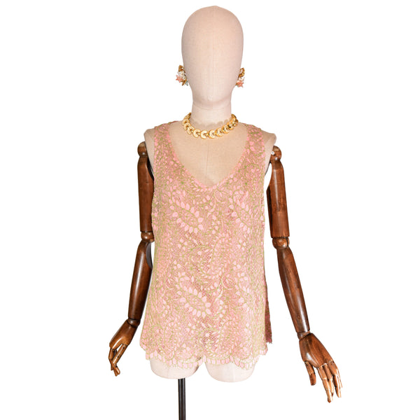 CHRISTIAN LACROIX lace blouse, pink sleeveless top with paisley and floral details, 1990s vintage elegant blouse, Lacroix rose pink top.