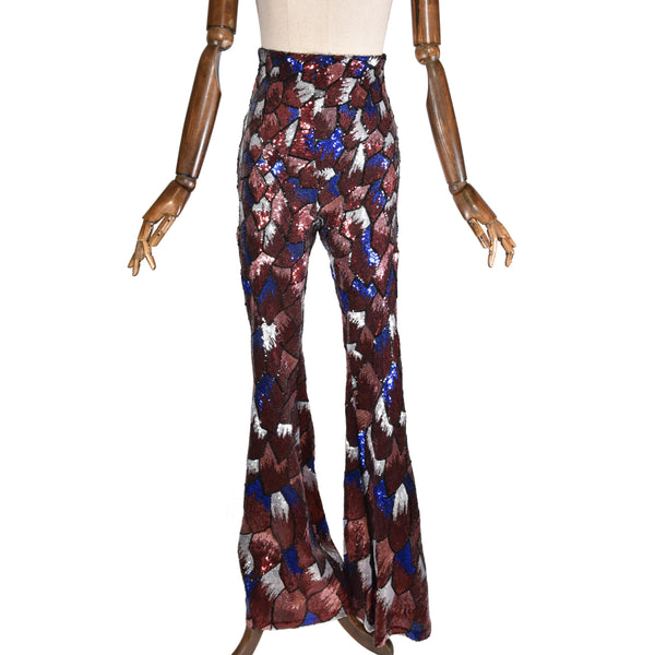 NADINE MERABI statement sequin flares, vintage-inspired multicolor abstract high-waist flared pants, Party-ready sequin flares