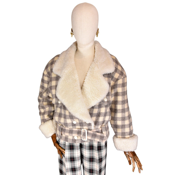 MONDI 90s vintage jacket - vintage biker jacket in grey and white check pattern, wool fabric, faux fur on cuffs and lapel, made in Germany.