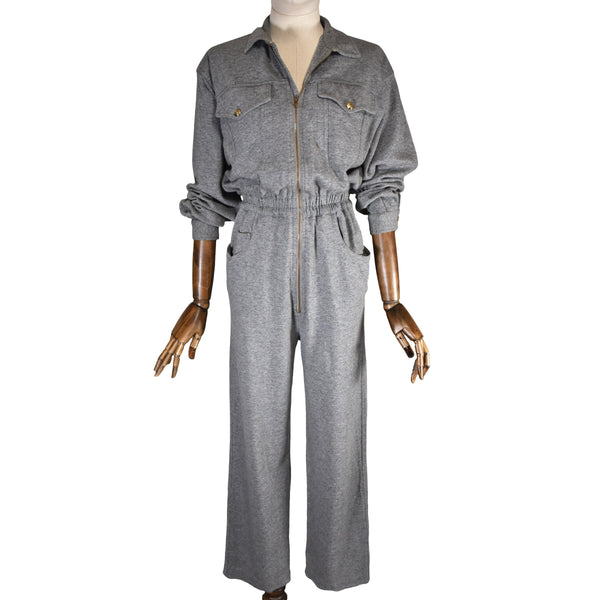 MOSCHINO JEANS 80s vintage jumpsuit - Soft wool and cotton grey fabric, big logo in the back, gold buttons, many pockets, made in Italy