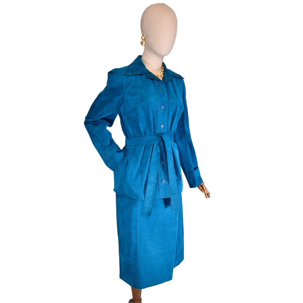 TRICOSA vintage '70s suit, blue two-piece suit, A-line skirt and jacket set, washable eco-suede ensemble, retro belted jacket suit.