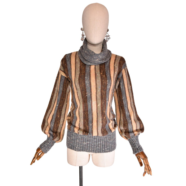 VINTAGE '70s wool turtleneck sweater with puff sleeves, striped pull in blue, green, brown, beige, retro chic and cozy, warm pullover.