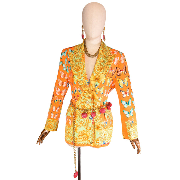 KAMOSHO vintage '90s blazer with baroque and butterfly motifs,  Marina Sitbon pour KAMOSHO printed jacket. 1990s designer statement blazer.