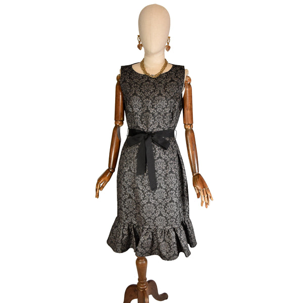 OSCAR de la RENTA dress, OSCAR by Oscar de la Renta graphite brocade cocktail dress with Shimmer and Ruffle Detail, designer evening dress.