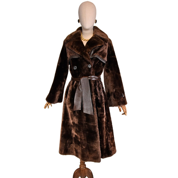 TED LAPIDUS vintage coat, 1970s mouton brown trench coat with leather details, classic french designer fur coat, timeless luxury coat.