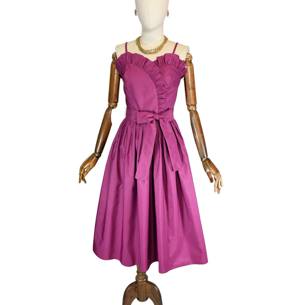 SHUBETTE of London evening dress, purple 1980s party dress, vintage polyester dress with ruffle, vintage midi dress, party gown.