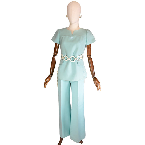 COURRÈGES vintage ensemble, light blue two piece set, 1970s Courreges Couture Future flared pants and top, mod style Courreges suit.