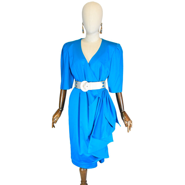 GUY LAROCHE evening dress, vintage 90s turquoise cotton dress, V-neck, elegant evening party dress, chic designer short sleeves dress.