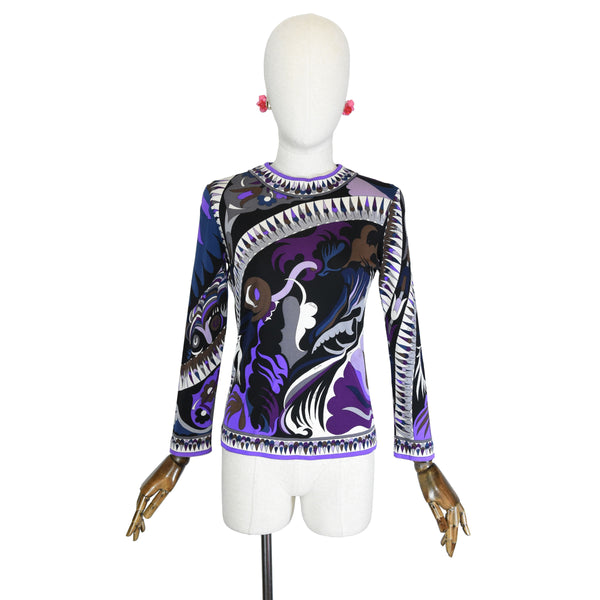 EMILIO PUCCI vintage top, Pucci silk jersey top with iconic geometric pattern, collector vintage Pucci long sleeves tee, Emilio Pucci blouse