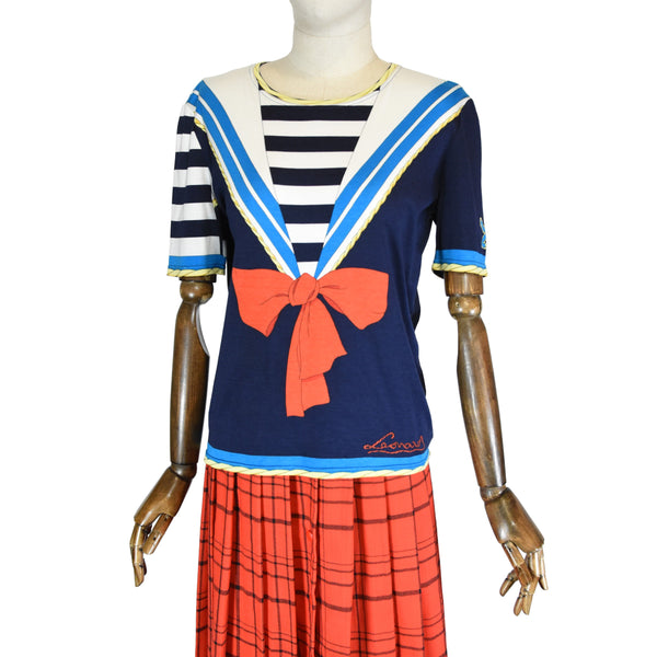 LEONARD vintage top, 90s trompe l'oeil sailor t-shirt, vintage striped design top with red bow, collectible LEONARD Paris 1990s nautical Tee