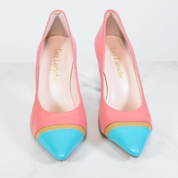 GUY LAROCHE pumps, vintage 90s pink leather heels with turquoise toe, spanish made, elegant designer high heels, elegant luxury shoes.