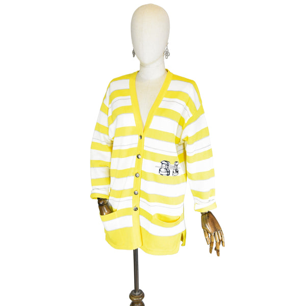 ESCADA vintage cardigan,  90s striped cardigan with nautical embroidery, yellow and white striped knit jacket, cotton knit luxury cardigan.