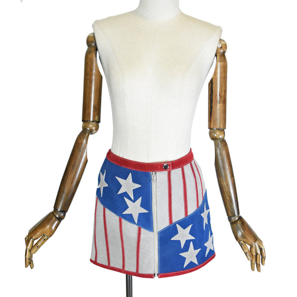 UNDERSTATED suede mini skirt, American flag pattern skirt, red blue grey colors skirt,  bold American flag-inspired mini skirt.