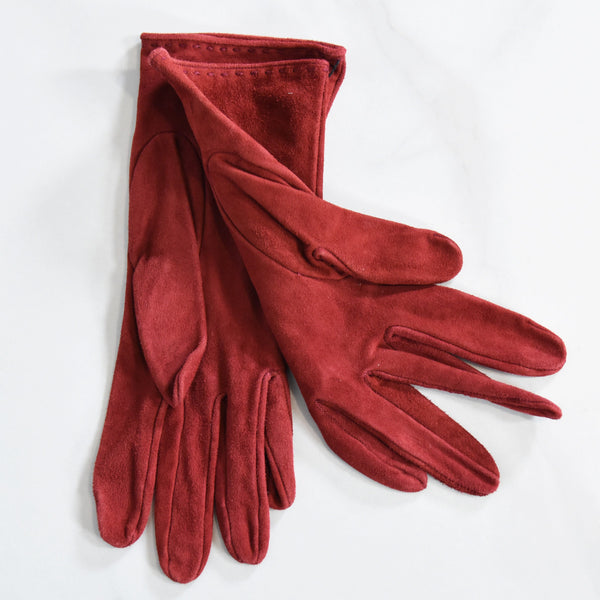 YSL vintage suede gloves, Yves Saint Laurent vintage gloves. 90s Ysl soft maroon color suede gloves with silk-lined, luxury accessories.