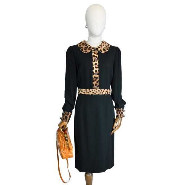 DOLCE & GABBANA dress, black wool blend dress with animal print details and button cuffs, black dress with printed satin lining.