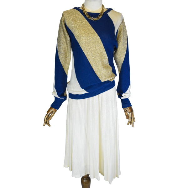 GIUSI SLAVIERO knit set, vintage 80s two-piece knit ensemble, white pleated skirt, blue gold lurex sweater, Italian designer 80s knit suit.