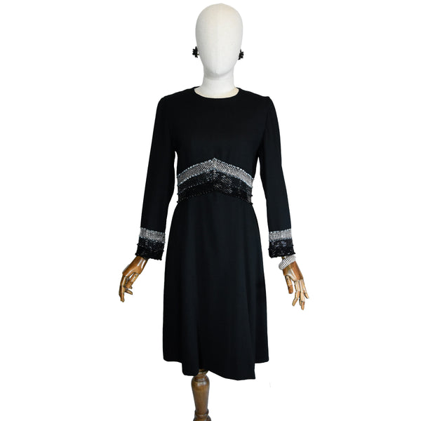 VINTAGE 1960s dress, elegant cocktail black crepe dress with  beadwork, vintage evening dress, 60s italian party dress. little black dress.