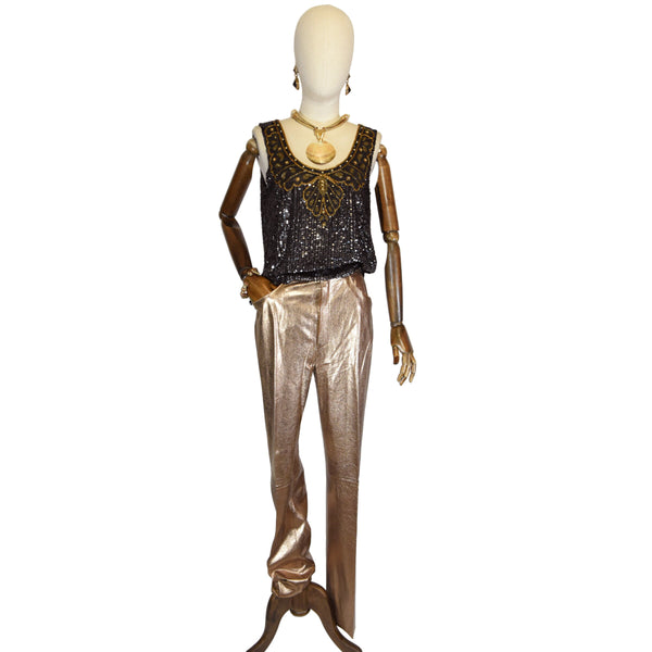 ROBERTO CAVALLI vintage pants, 1970s metallic copper leather pants, designer copper finish leather trousers, CAVALLI 70s statement pants.