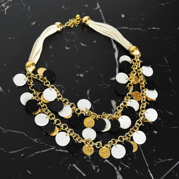 VINTAGE 1980s neecklace, gold chain necklace with black and white coins, VINTAGE 80s statement coin necklace,  Italian boutique necklace.