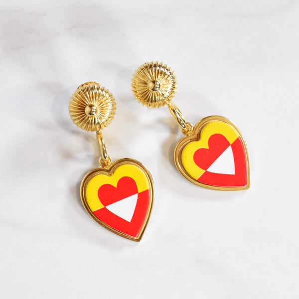 MOSCHINO vintage earrings, gold heart-shaped clip-on earrings, signed designer jewelry, MOSCHINO Mondrian heart novelty dangling earrings.