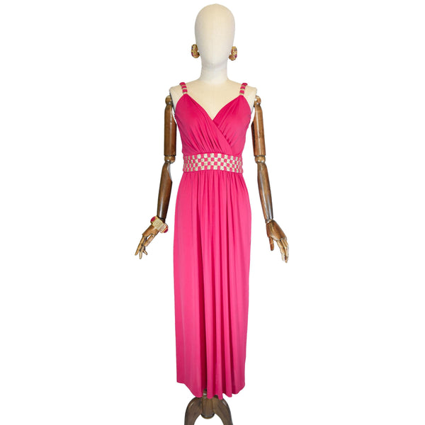 LORIS AZZARO dress, vintage 1970s fuchsia pink jersey dress with gold details, strappy long party dress, AZZARO V-neck evening dress.