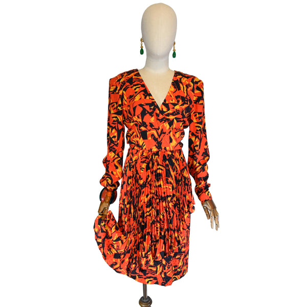 GUY LAROCHE dress, vintage 1980s designer silk dress, abstract print V-neck dress, french couture dress, Guy Laroche evening wear.