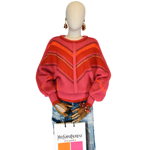 DINO VALIANO vintage pullover, vintage 1980s pink and red wool sweater, batwing sleeves striped oversized pull, 80s retro knitwear.