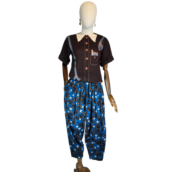 KENZO vintage pants, 1980s floral print pants, blue cotton relaxed fit pants, wide legs trousers by Kenzo Takada, elastic waist retro pants.