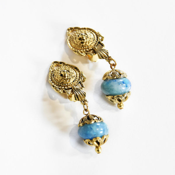 VINTAGE clip-on earrings, 1980s gold metal earrings with blue acrylic stone, vintage ols stock jewelry.